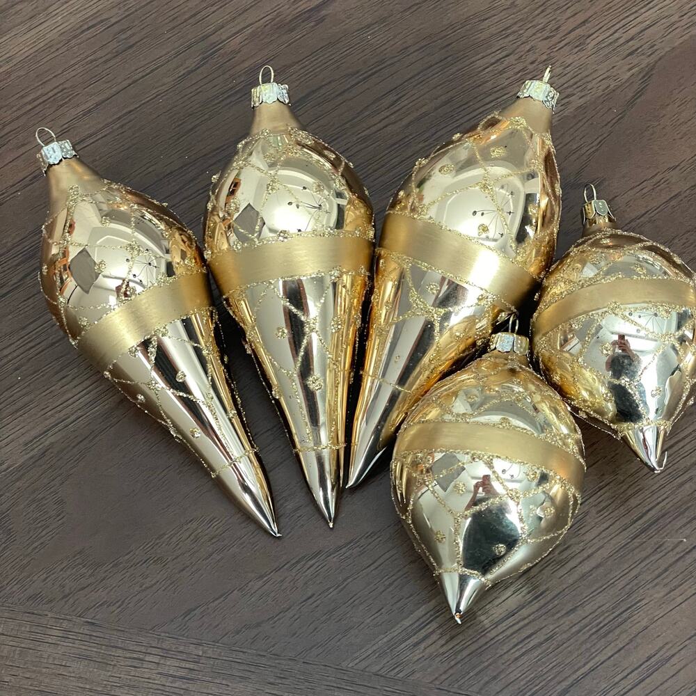 Hand Blown Gold Fluted Glass Ornaments Glitter 5 Shiny Teardrop Christmas READ